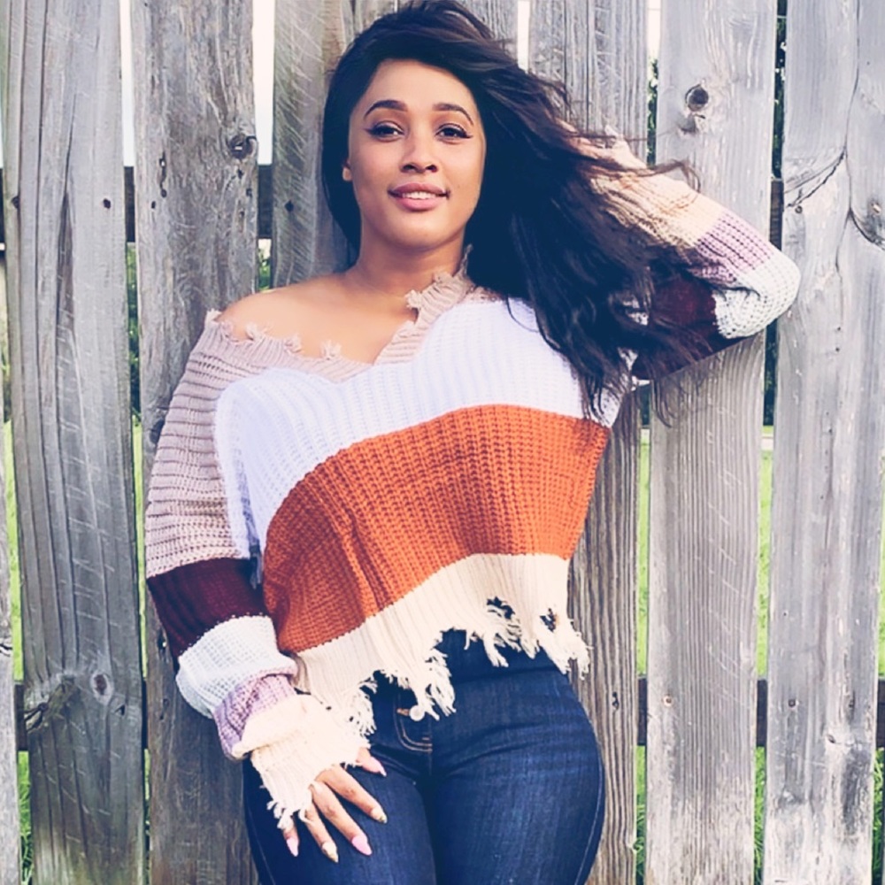 ‘Spiked Cider’ destroyed color block sweater